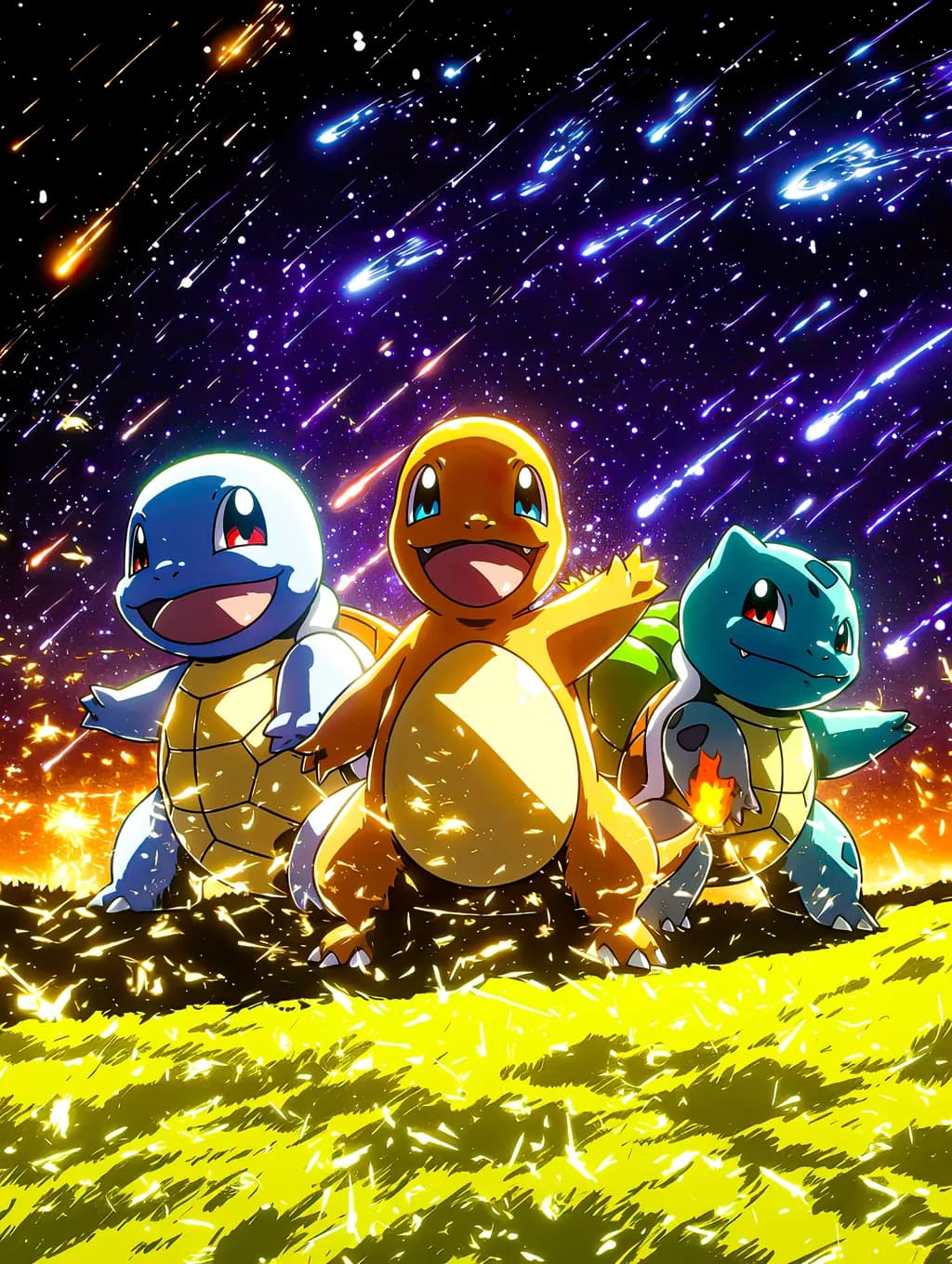 Cosmic Companions: A Vibrant Journey with Iconic Pokémon Under a Starry Sky
