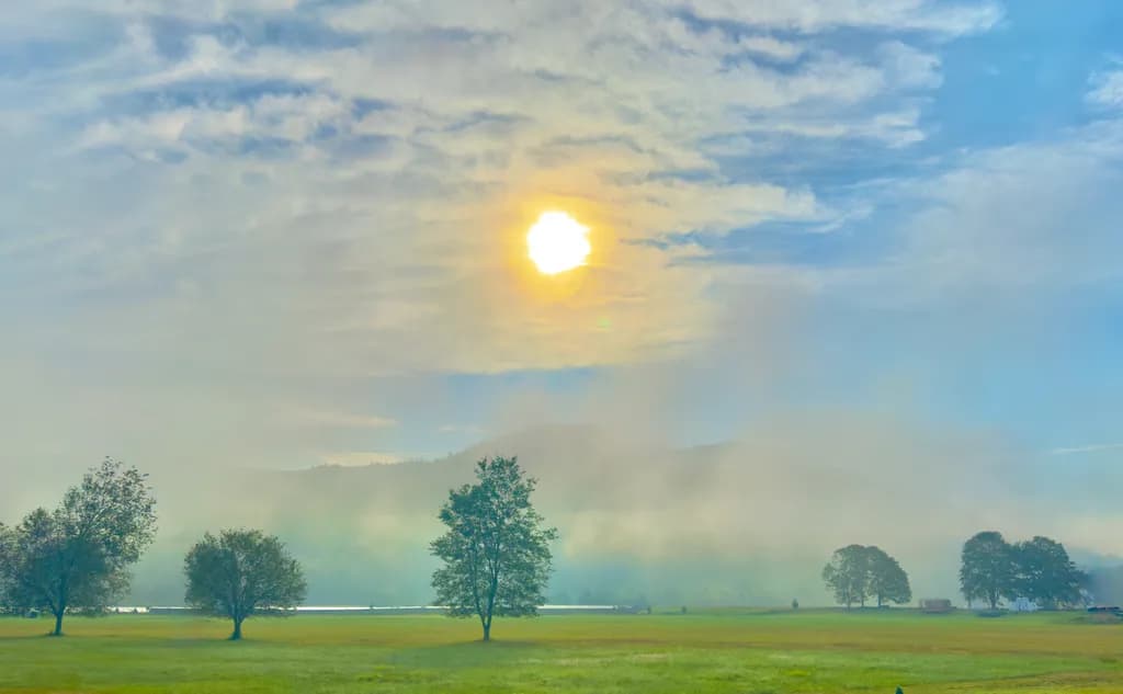Serenity at Dawn: A Misty Sunrise Over Tranquil Landscapes
