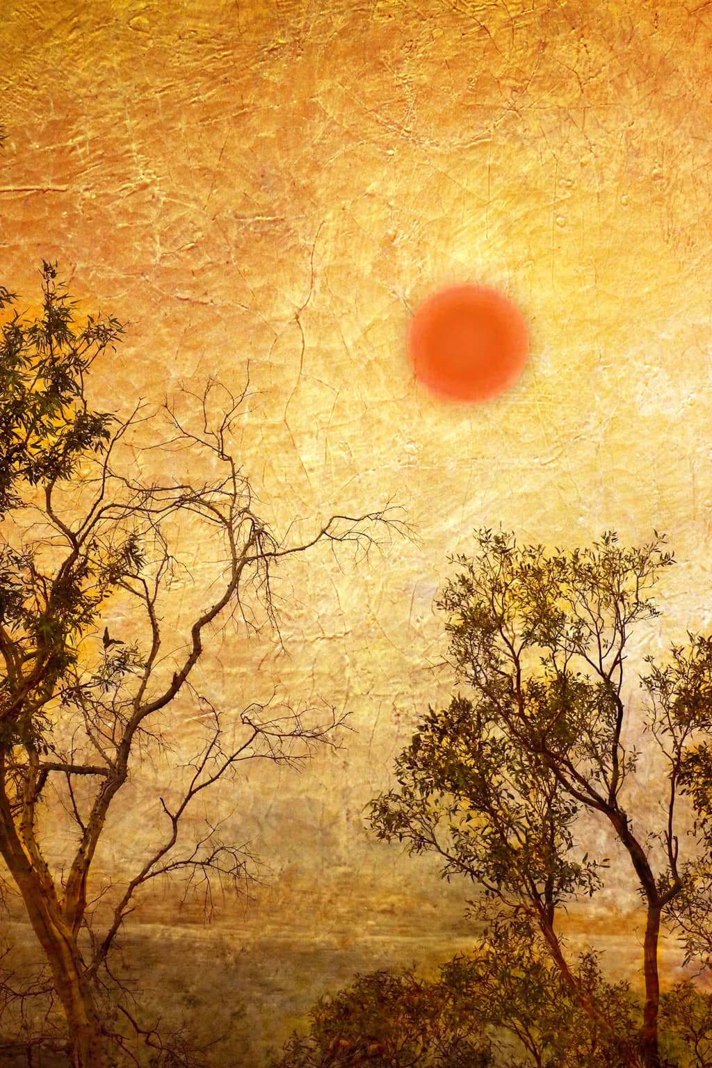 Serenity in Sunset: A Textured Landscape of Orange and Trees