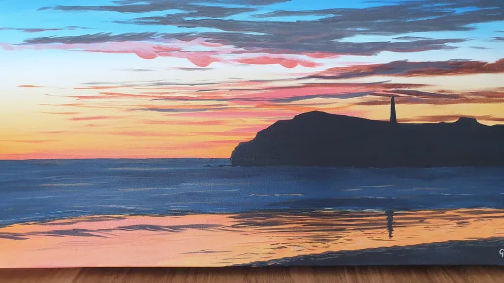 Serene Sunset Reflections: A Coastal Evening in Vibrant Hues