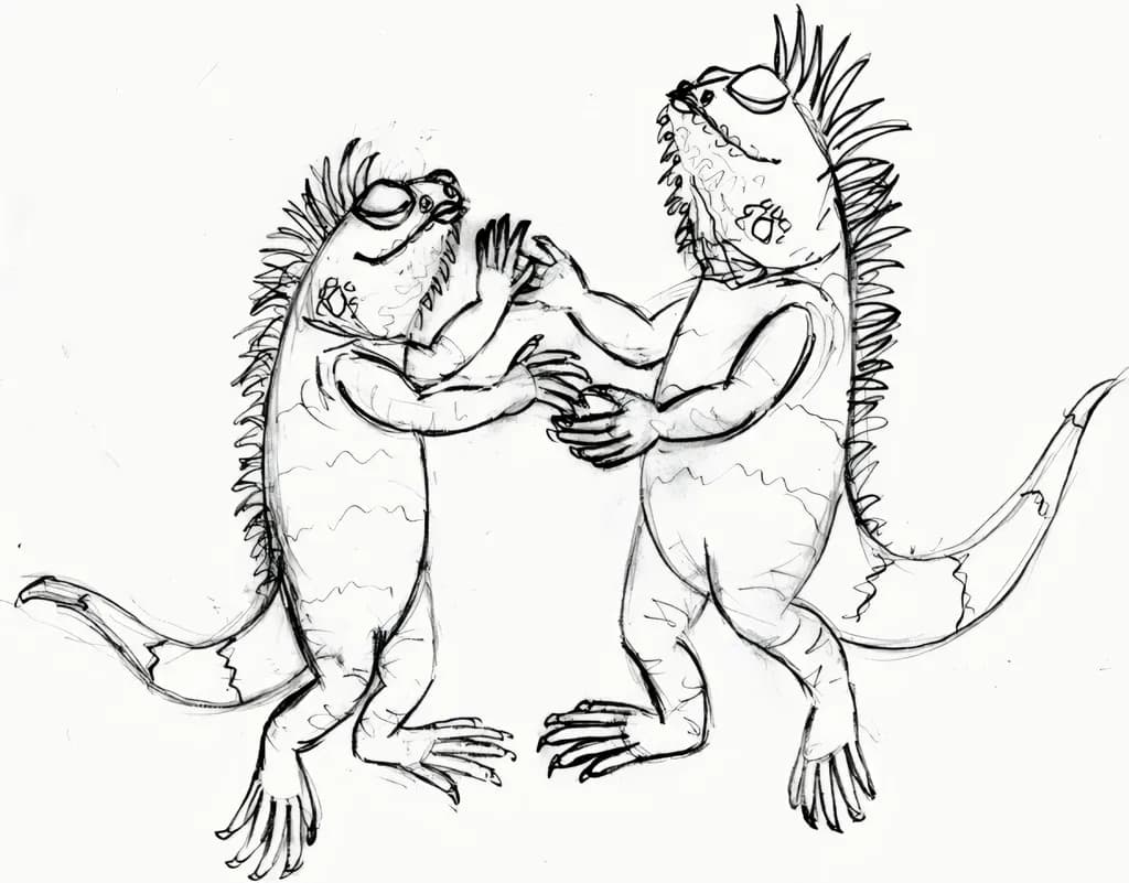 Dancing Iguanas: A Playful Encounter in Nature's Embrace... #handpainted by #DeborahWillard at #WillyNilly