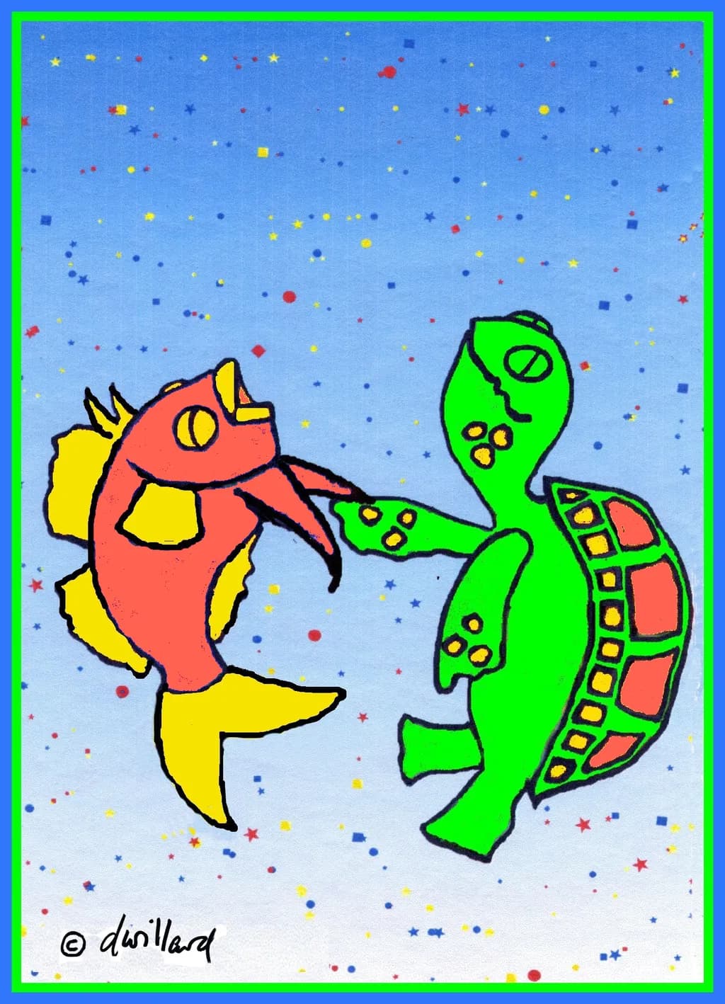 Underwater Friends: A Colorful Encounter Between Fish and Turtle in a Starry Sea