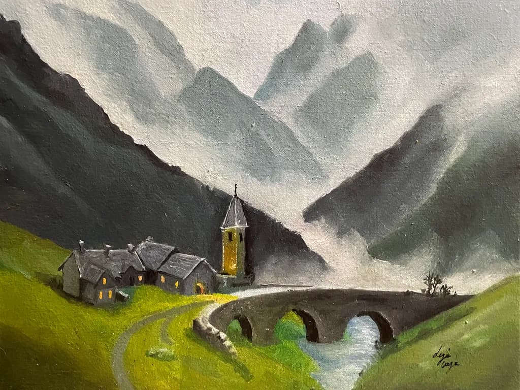 Whispers of the Misty Valley: A Serene Landscape with a Bridge and Village