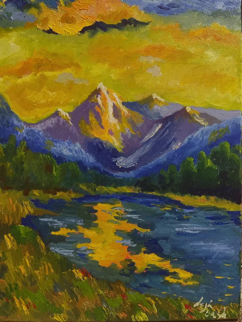 Golden Reflections: A Serene Mountain Landscape at Dusk