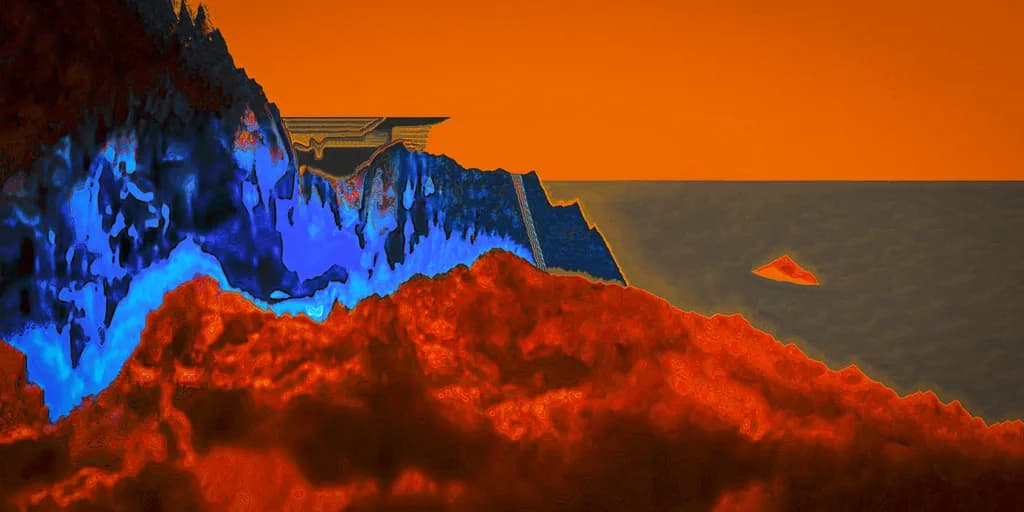 UNDER A YELLOW SKY, THE RED SAND OF THE BEACH OF THE GREY SEA, SOMEWHERE AT THE FOOT OF THE BLUE MOUNTAINS