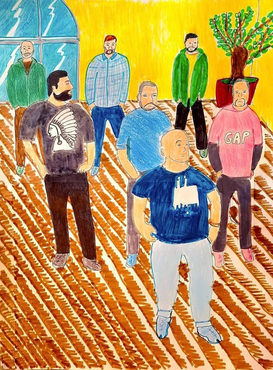 Gathering of Colors: A Vibrant Portrait of Modern Masculinity in a Lively Space