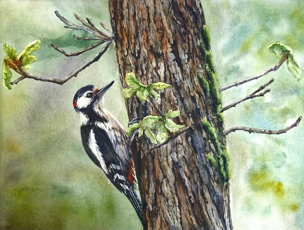 Whispers of Nature: A Watercolor Woodpecker Amidst the Leaves and Trees
