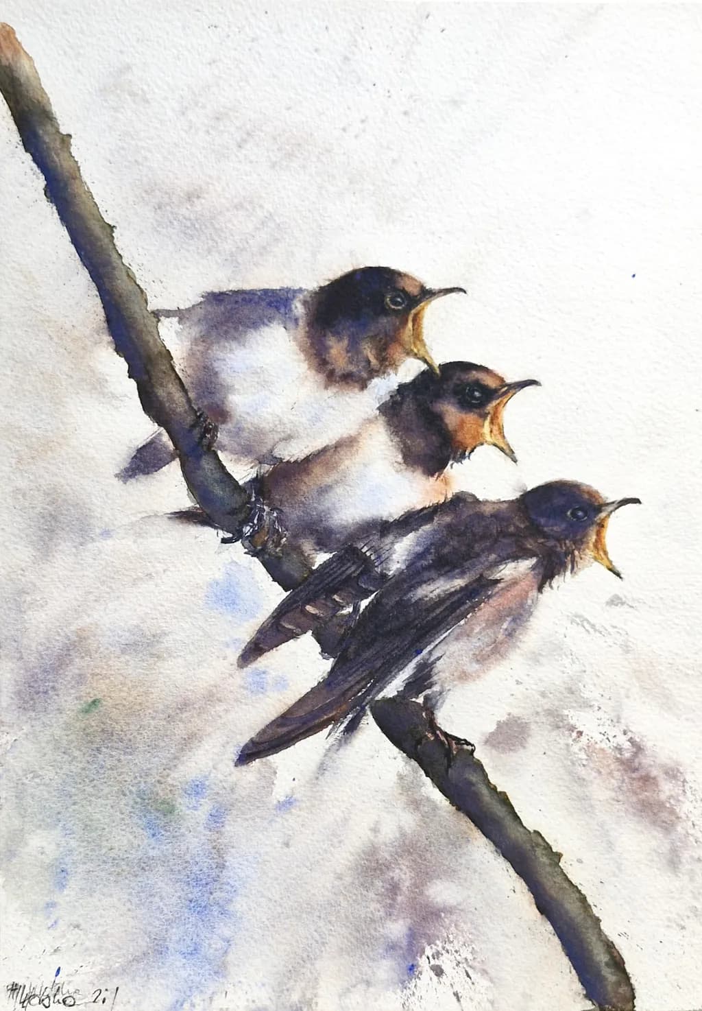Whispers of Nature: A Watercolor Symphony of Birds on a Branch