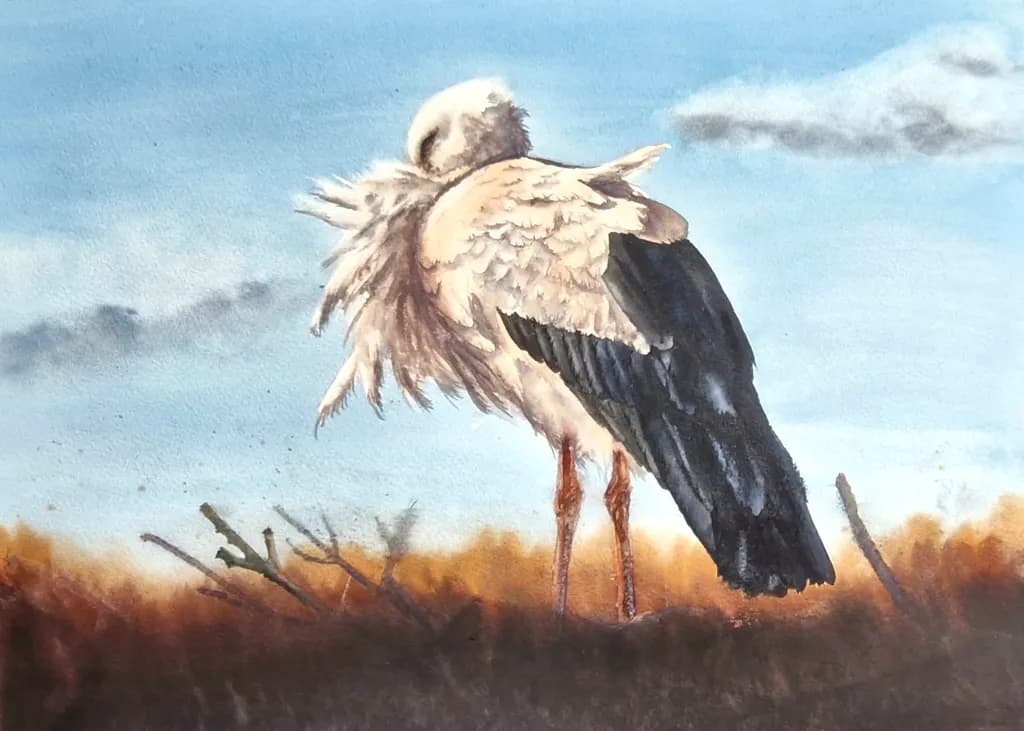 Whispers of Nature: A Serene Stork in Watercolor Elegance