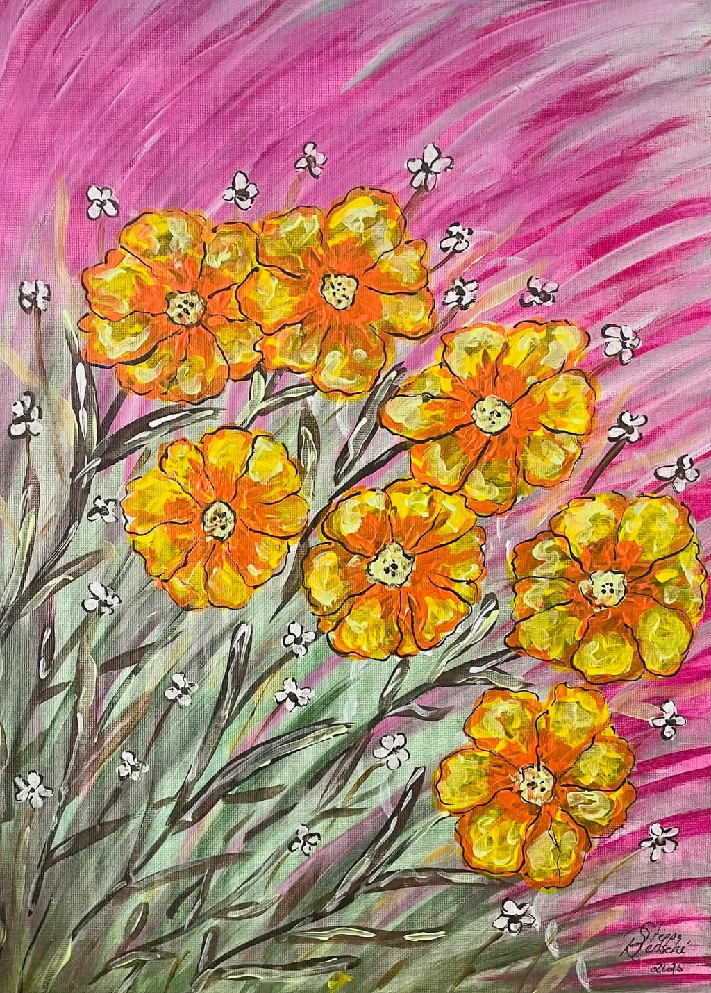 Vibrant Blossoms: A Dance of Yellow Marigolds Against a Pink Canvas
