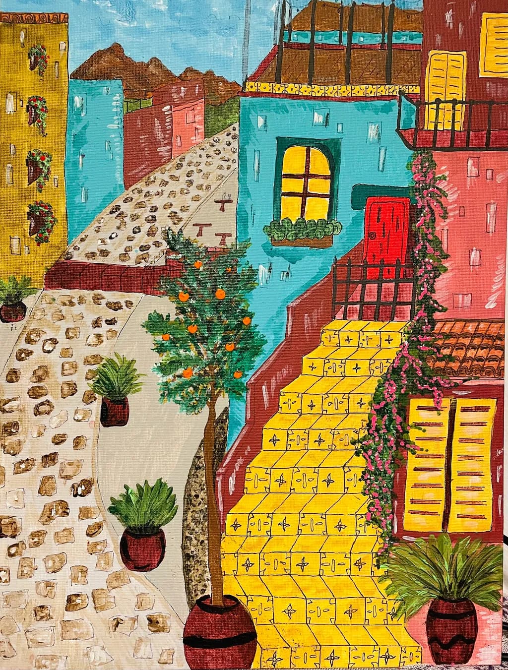 Vibrant Pathways: A Colorful Journey Through Cobblestone Streets and Lush Terraces