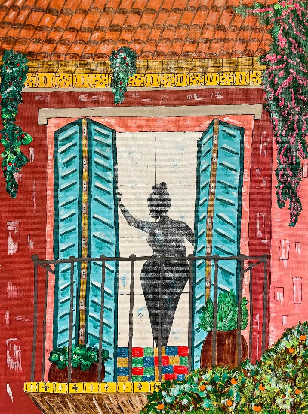 Whispers from the Balcony: A Silhouette's Gaze Amidst Vibrant Colors