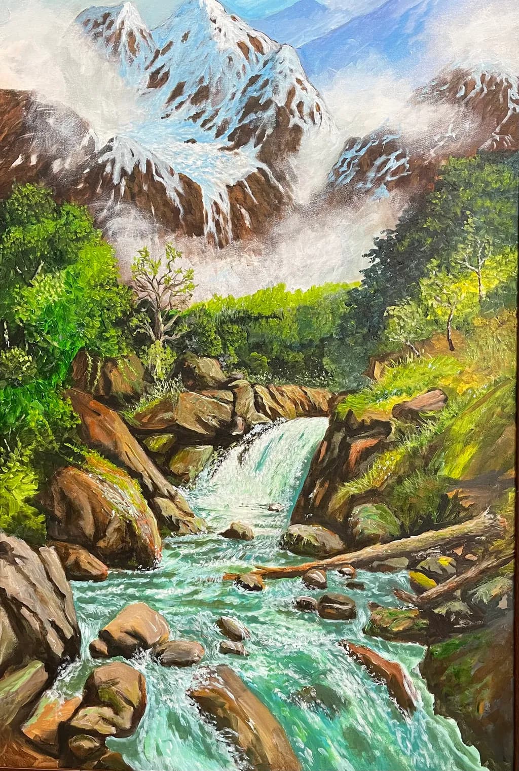 Serenity in the Mountains: A Tranquil River Flowing Through Lush Greenery and Majestic Peaks