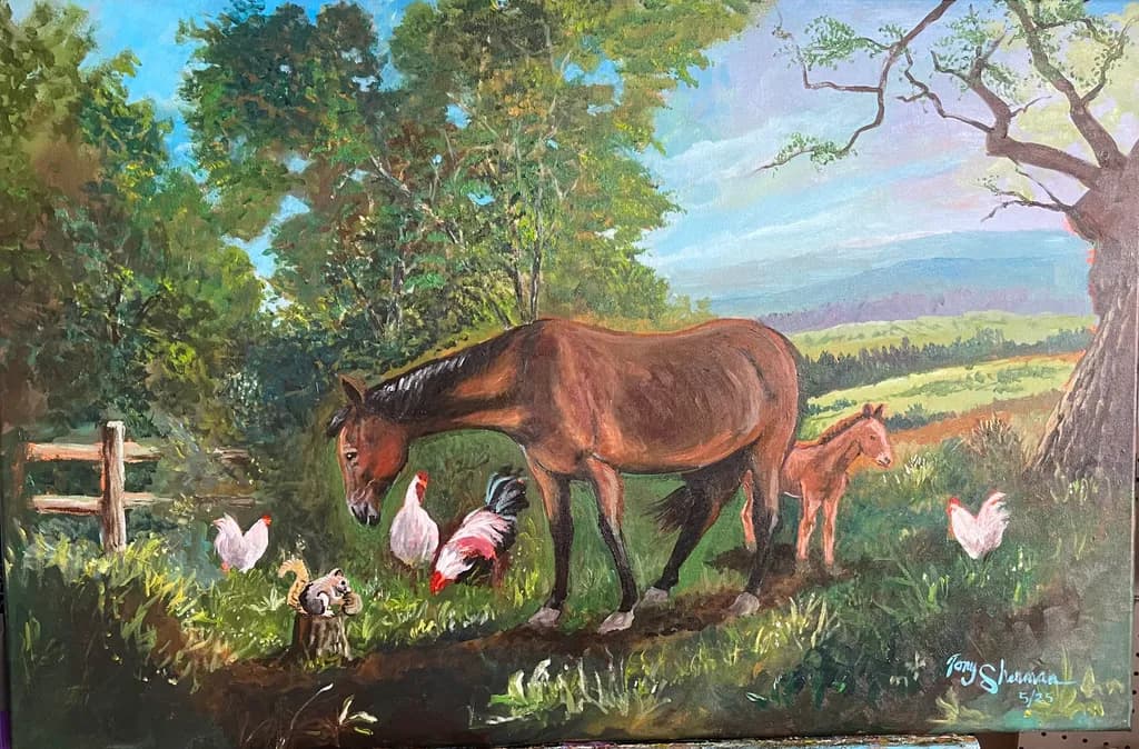 Whispers of the Past: A Serene Farmyard Scene with Horses and Chickens