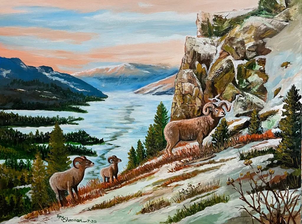 Majestic Rams at Dusk: A Serene Mountain Landscape in Oil Paint