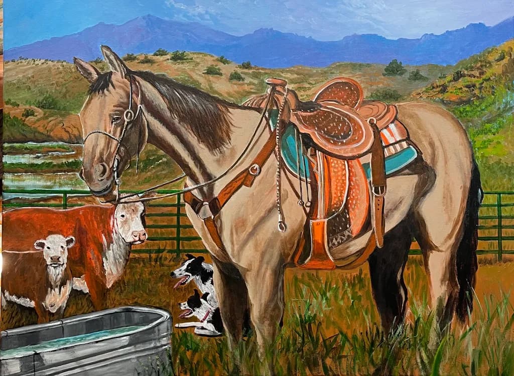 Rustic Harmony: A Horse, Cattle, and Canine Trio in the Heart of the Countryside