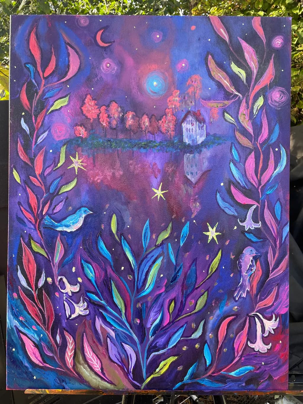 Whimsical Nightscape: A Vibrant Reflection of Flora and Stars