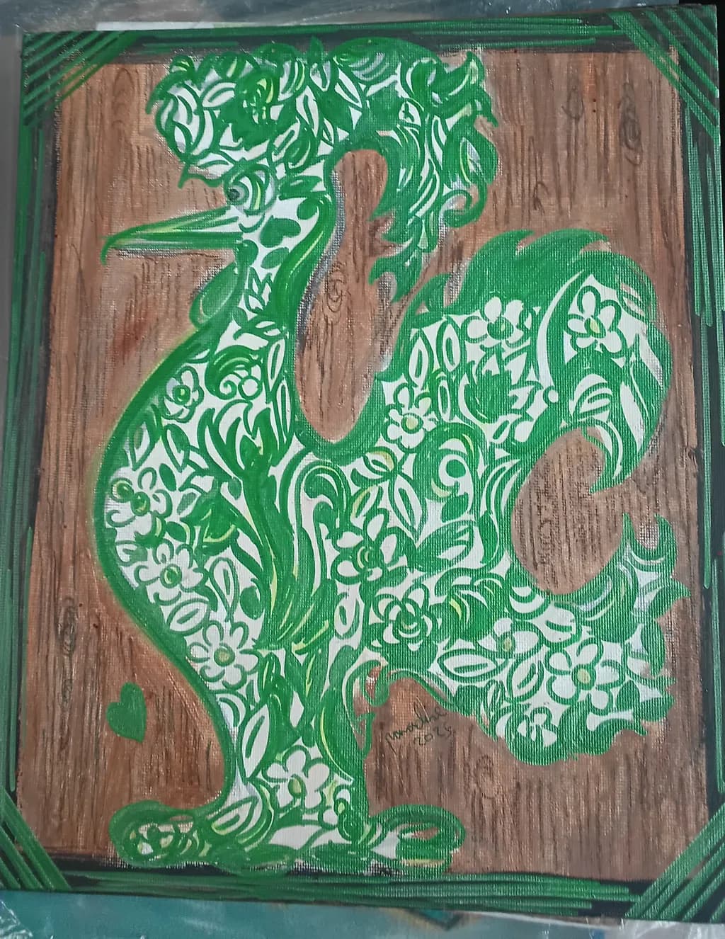 Whimsical Green Elegance: A Floral-Inspired Bird on Rustic Wood