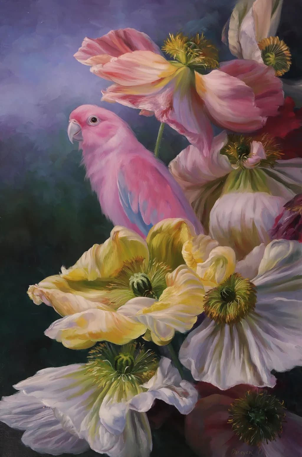 Pink Parrot with Flowers
