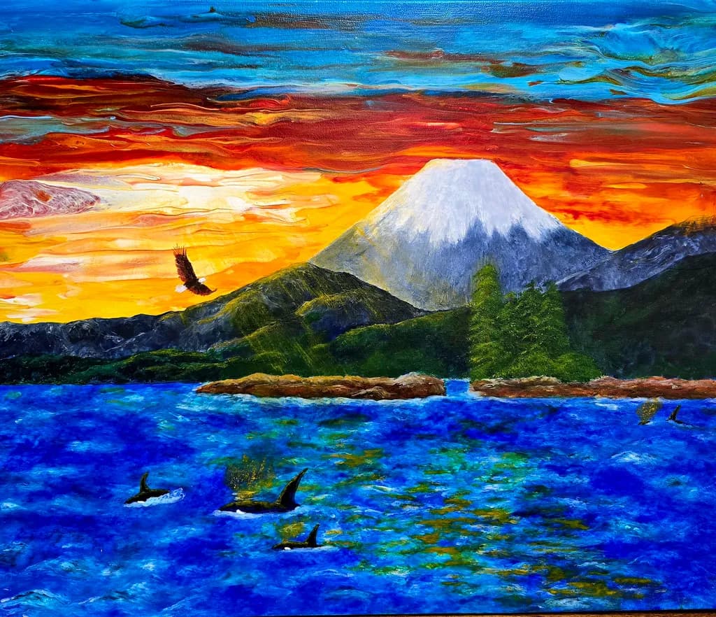 Majestic Serenity: A Vibrant Sunset Over Mount Fuji with Graceful Orcas and Soaring Eagles