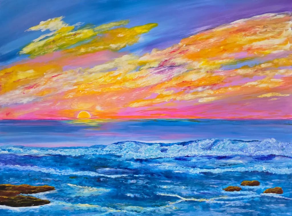 Serenity at Sunset: A Vibrant Ocean Horizon Painting