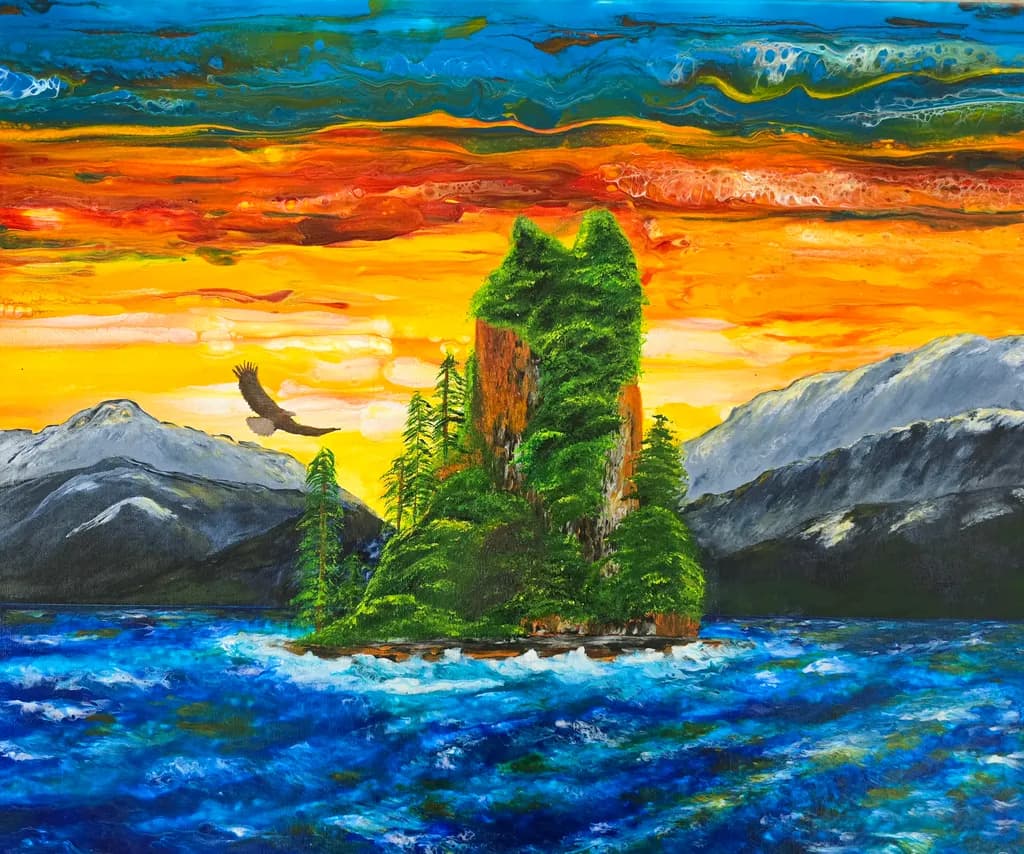 Serenity at Dusk: A Vibrant Island Oasis Under a Fiery Sky
