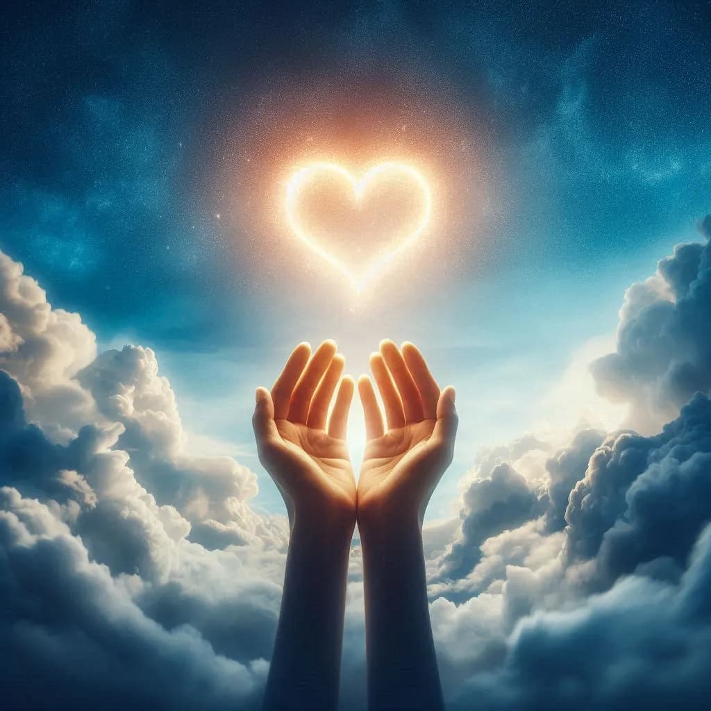 Ethereal Embrace: Hands Reaching for a Celestial Heart