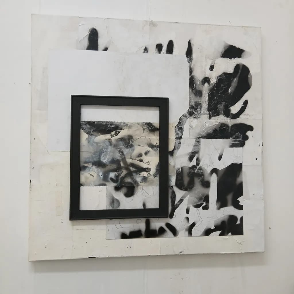 Fragmented Whispers: A Dance of Black and White in Mixed Media Composition