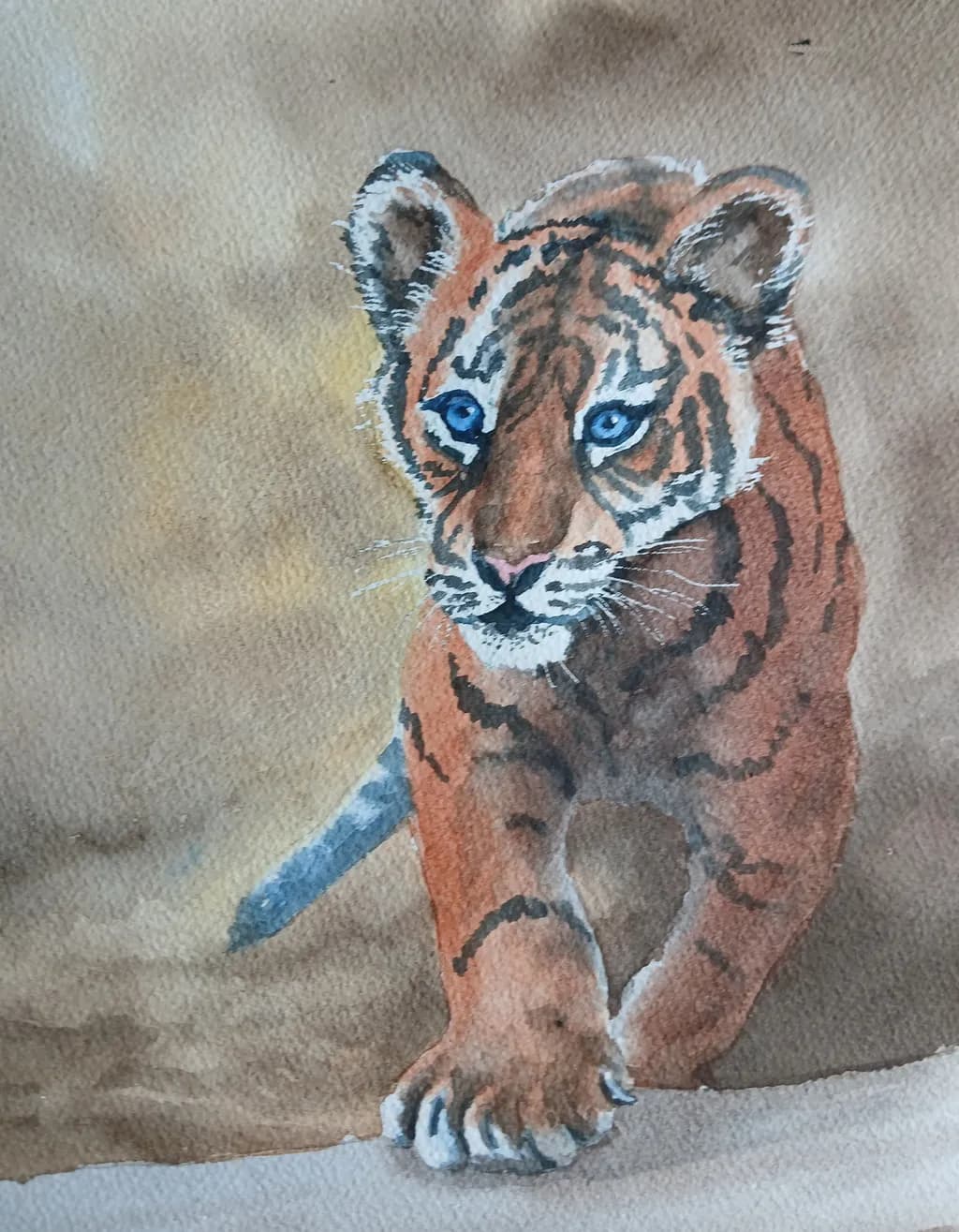 Whispers of the Wild: A Watercolor Portrait of a Blue-Eyed Tiger