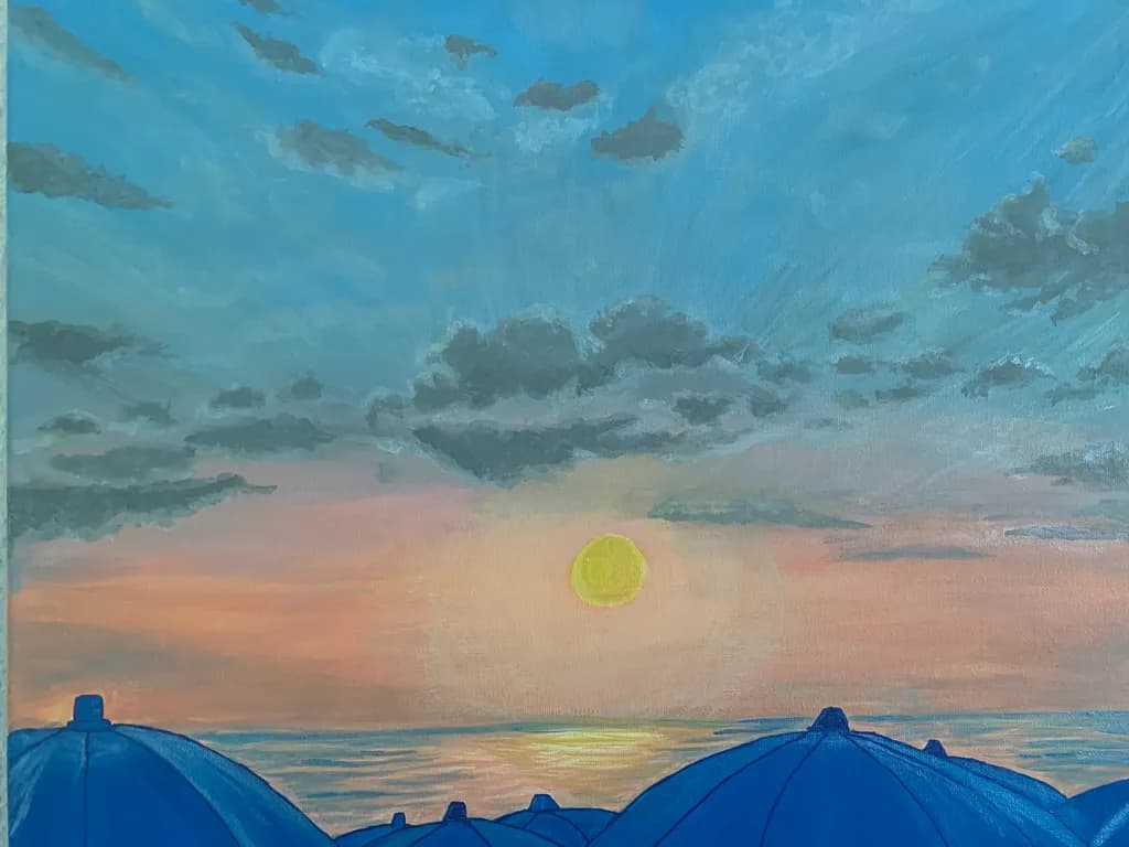 Blue Umbrella Sunset