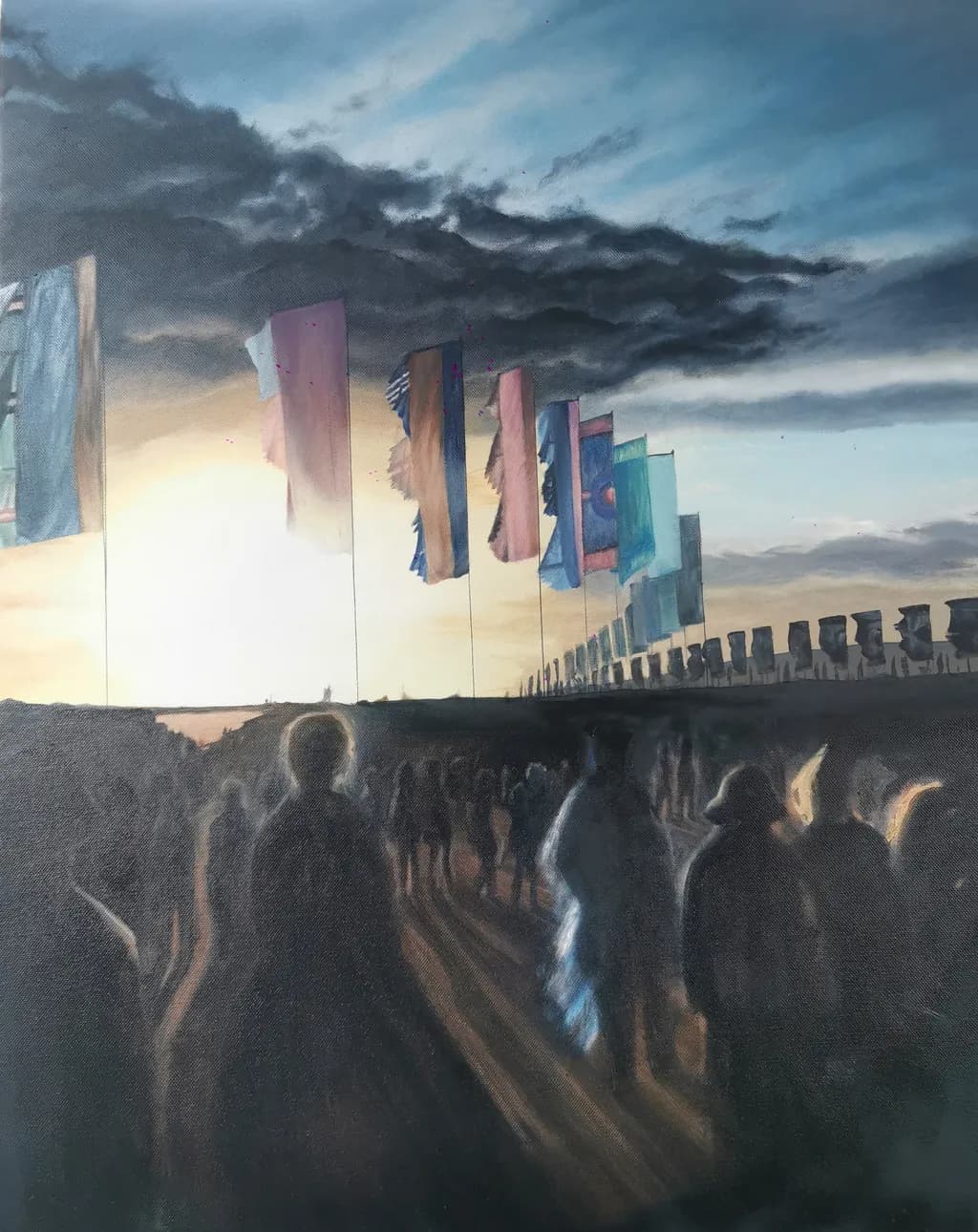 Whispers of Dusk: Silhouettes Beneath the Sunset Flags