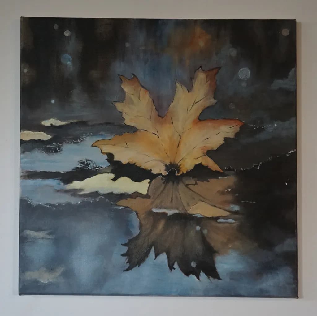 Whispers of Autumn: A Leaf's Reflection in Tranquil Waters
