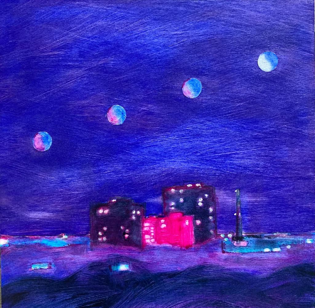 Celestial Cityscape: A Dance of Moons Over Urban Nights