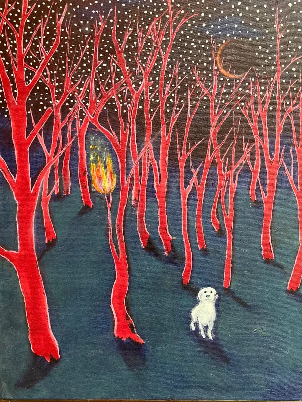 Whimsical Night in a Surreal Forest: A Journey Through Fire and Shadows