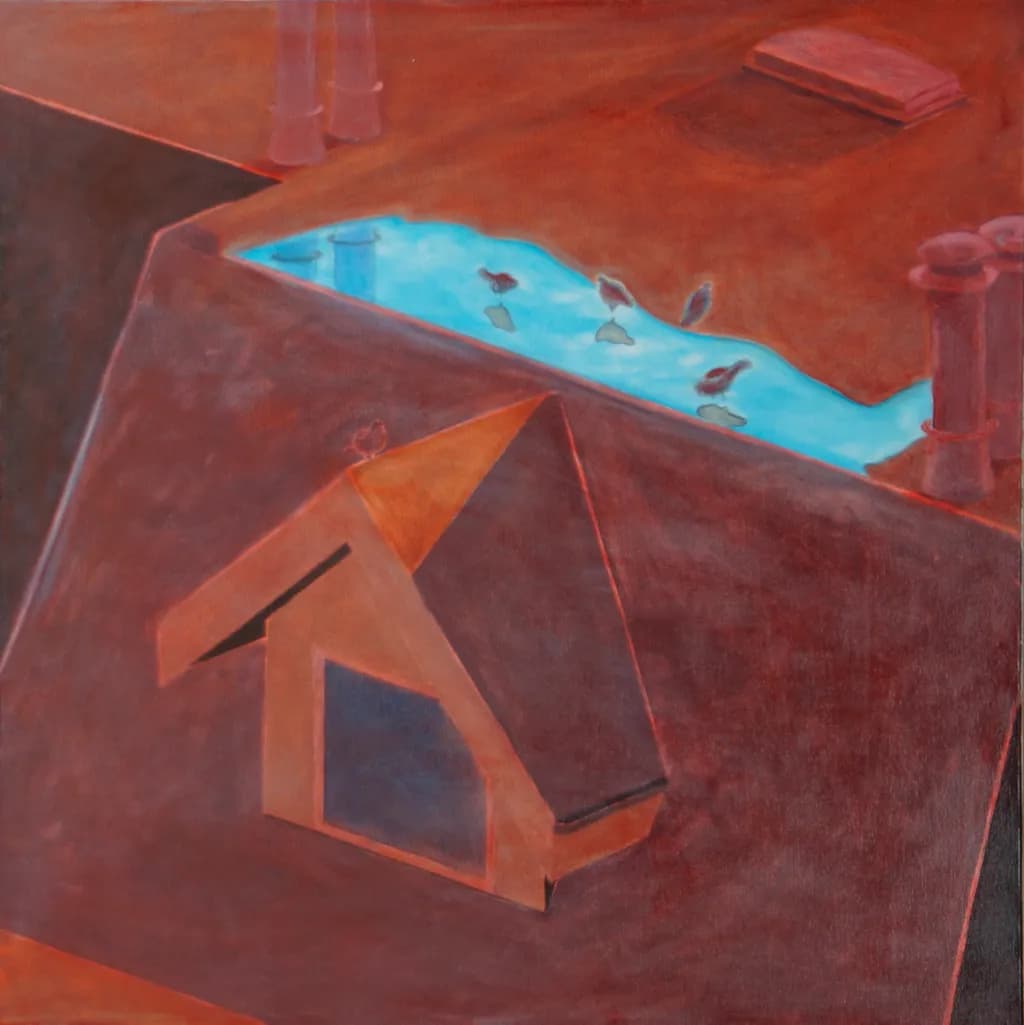 Whispers of Water: An Abstract Landscape of Geometric Harmony and Red Rooftops