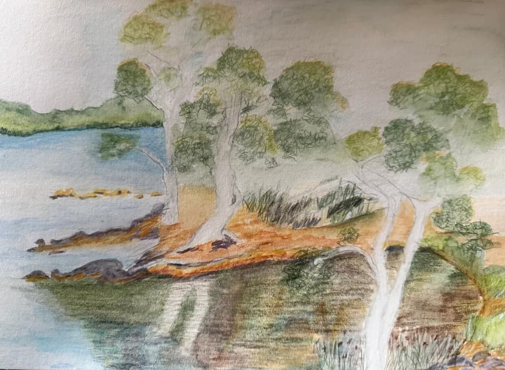 Whispers of Serenity: A Tranquil Waterside Landscape in Watercolor