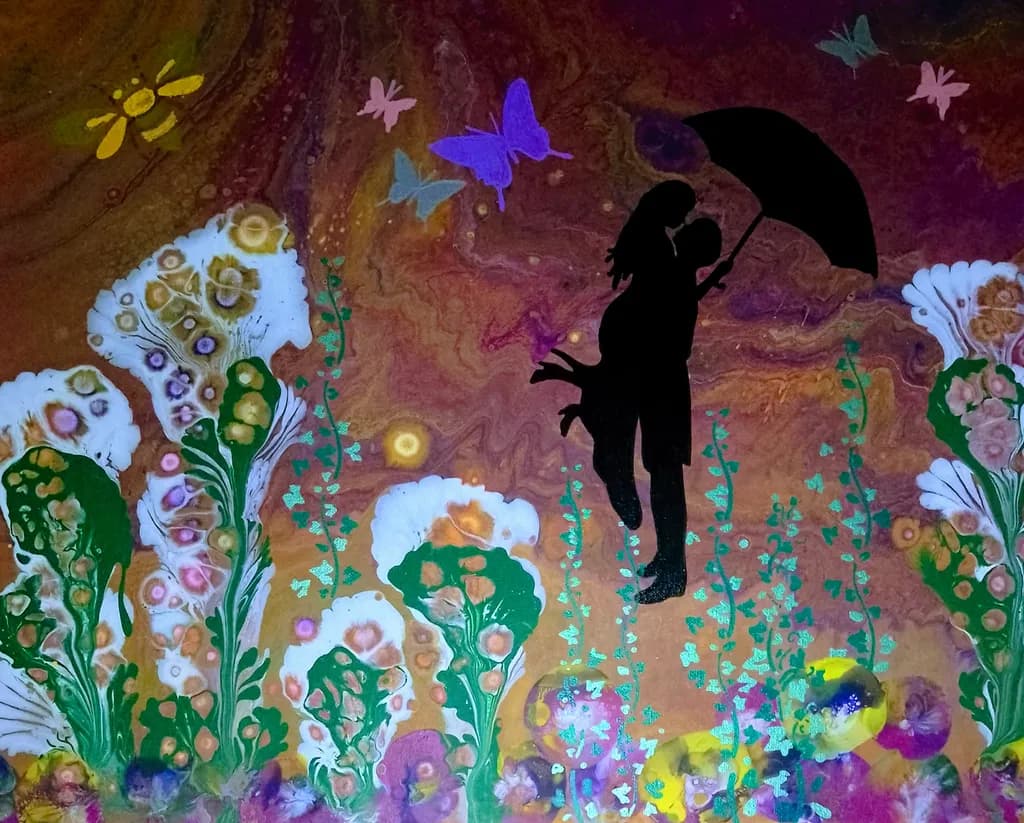 Whimsical Embrace: A Colorful Dance of Love Among Blossoms and Butterflies