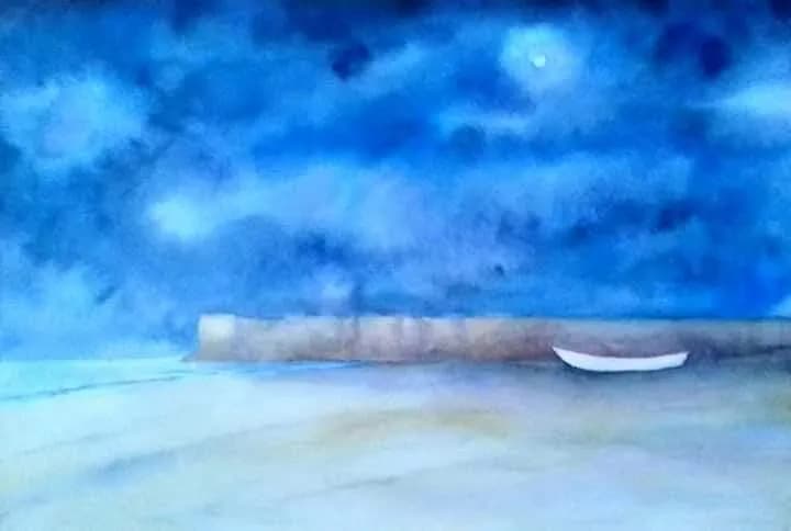 Whispers of the Moonlit Shore: A Serene Seascape in Watercolor