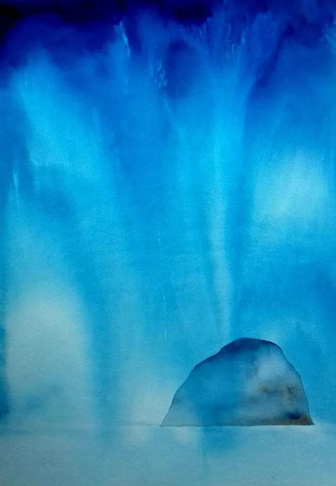 Serenity in Blue: An Abstract Watercolor Landscape of Tranquil Waters and Ethereal Skies