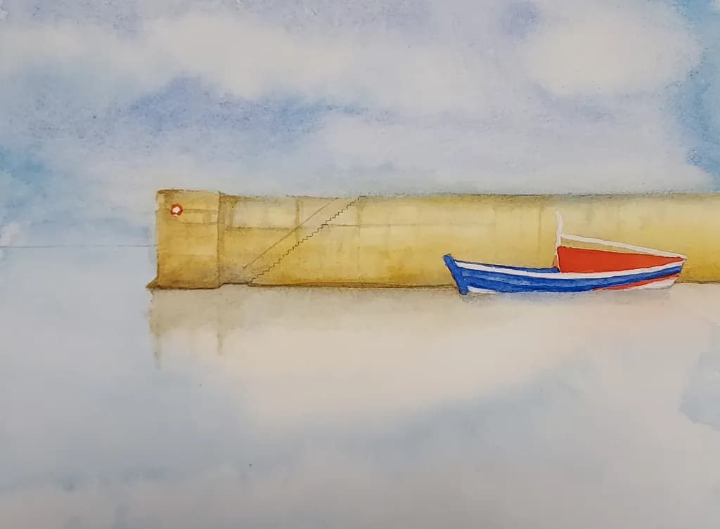 Serenity by the Shore: A Tranquil Watercolor of a Colorful Boat and Pier