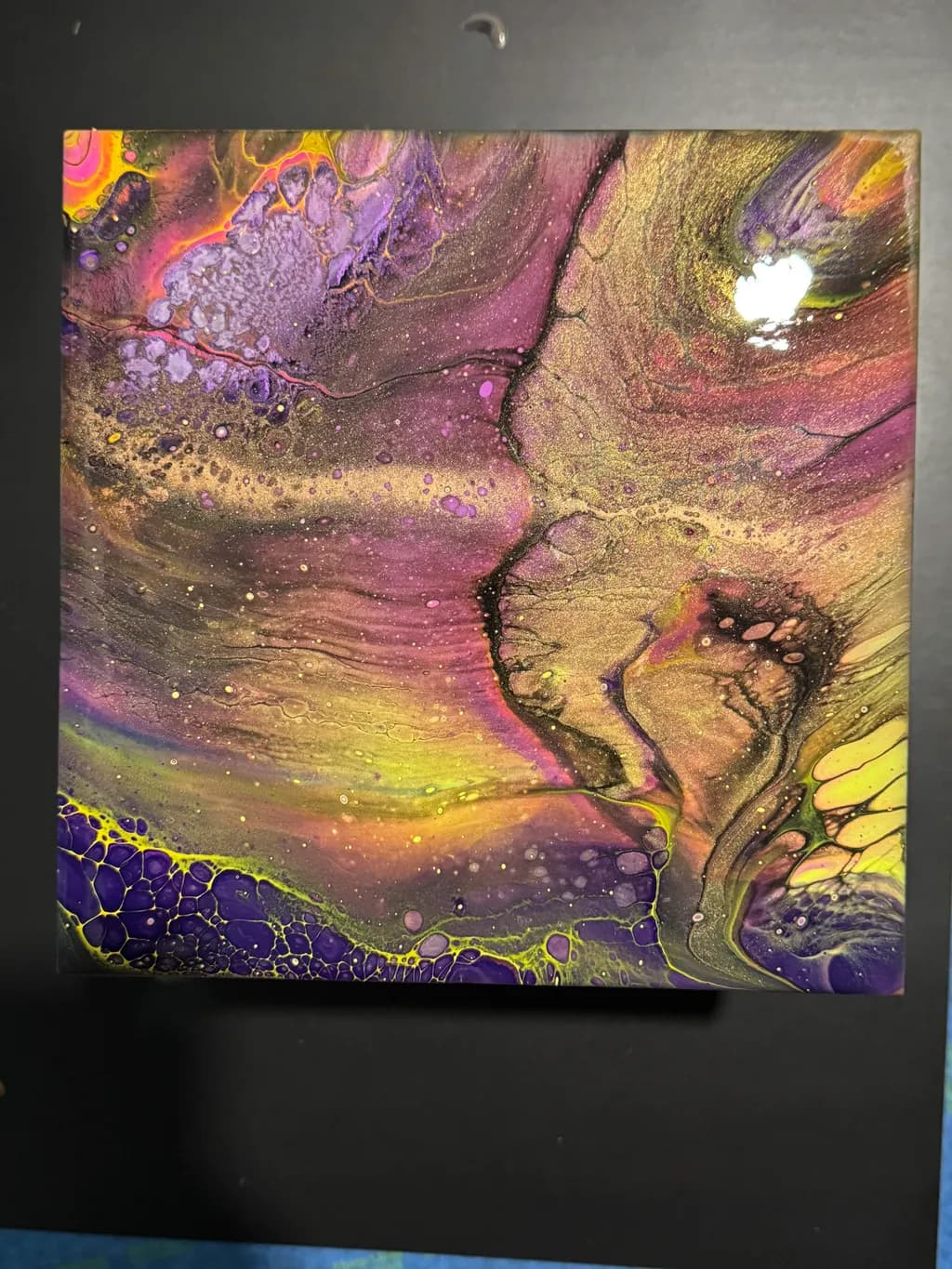 Vibrant Fluidity: An Abstract Dance of Color and Texture in Purple and Gold