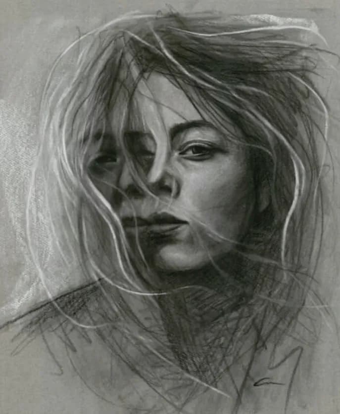 Whispers of the Wind: A Portrait of Emotion and Identity in Charcoal and Pastel