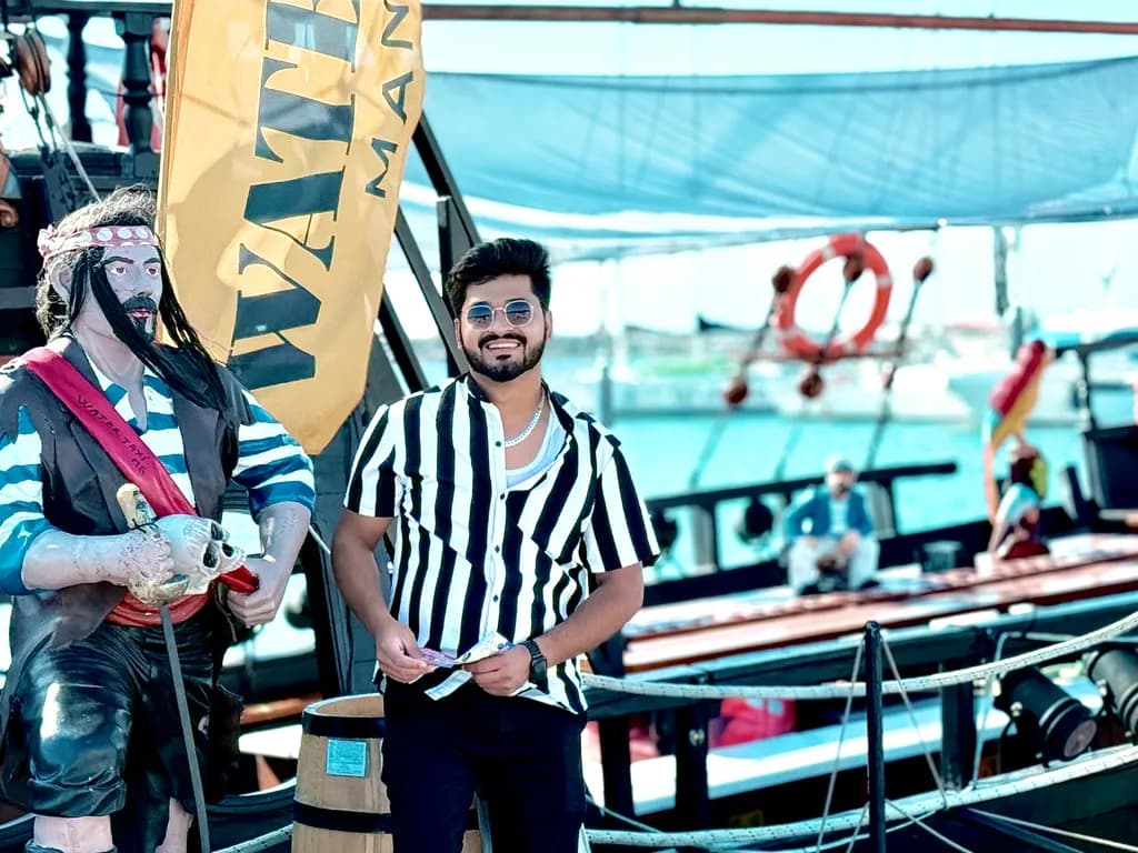"Adventurous Encounters: A Playful Moment with a Pirate at the Harbor"
