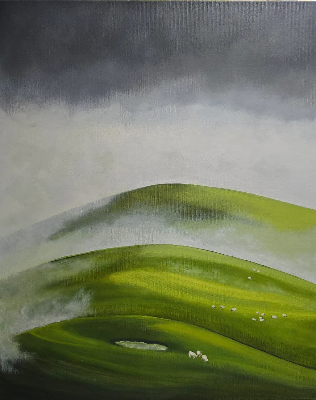 Whispers of Green Hills: A Serene Landscape Under Cloudy Skies