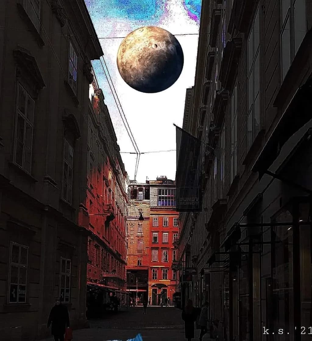 Celestial Urban Dreamscape: A Surreal Encounter with Vibrant Architecture and Cosmic Wonders