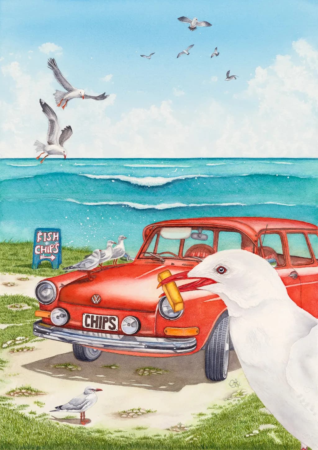 Seagulls and Chips: A Whimsical Beachside Adventure with a Classic Car