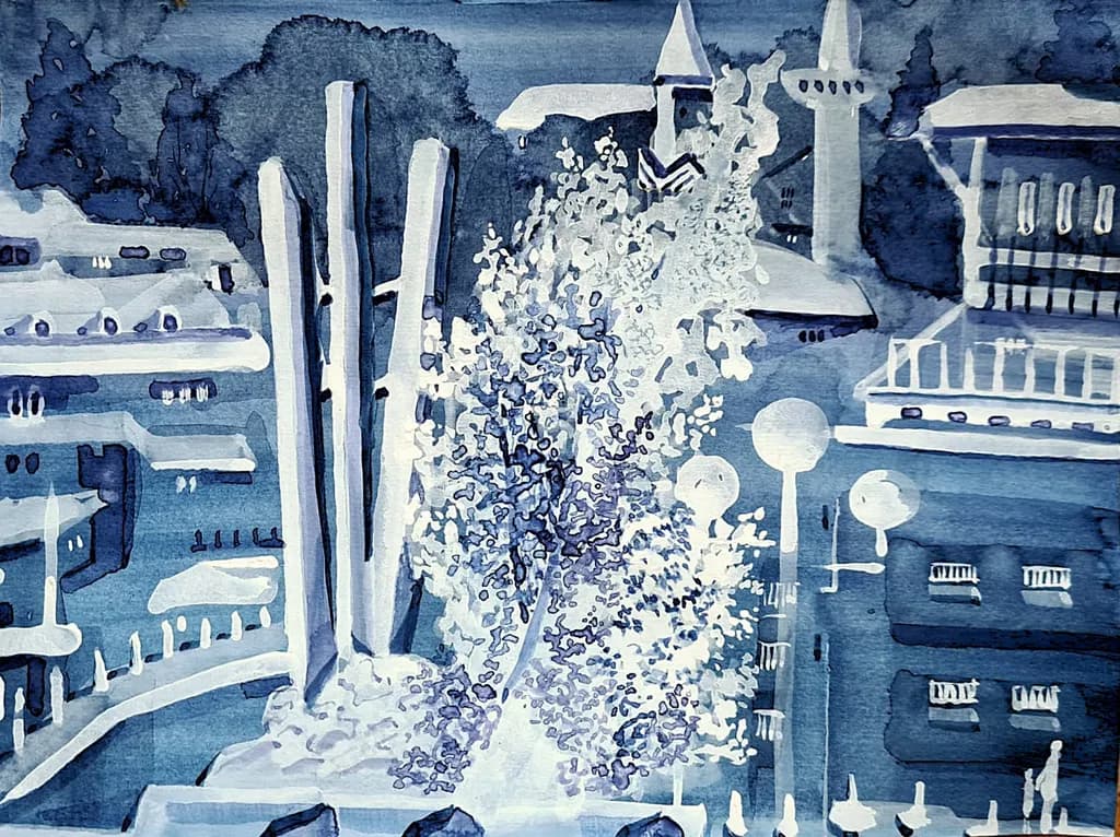 Whispers of Blue: A Serene Urban Landscape in Watercolor