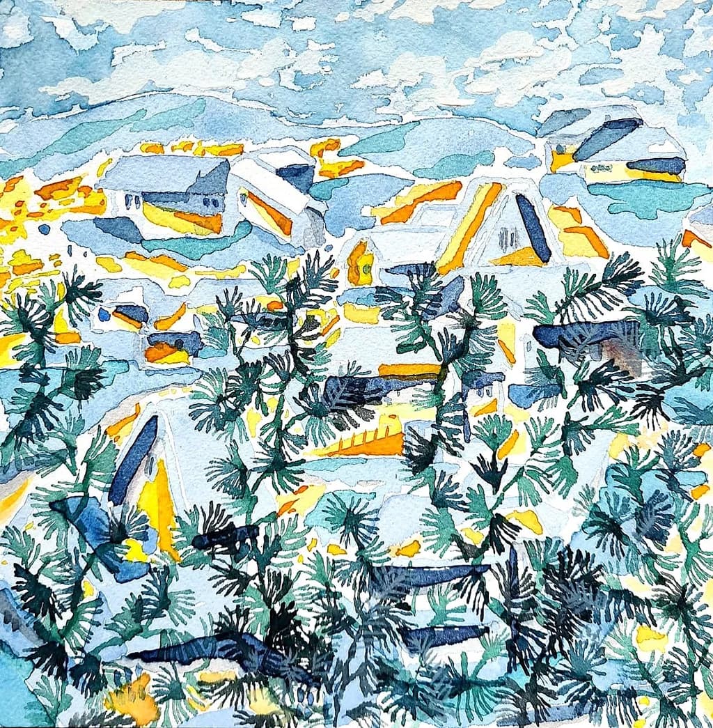 Whispers of Nature: A Serene Watercolor Landscape with Pine Fronds and Distant Hills