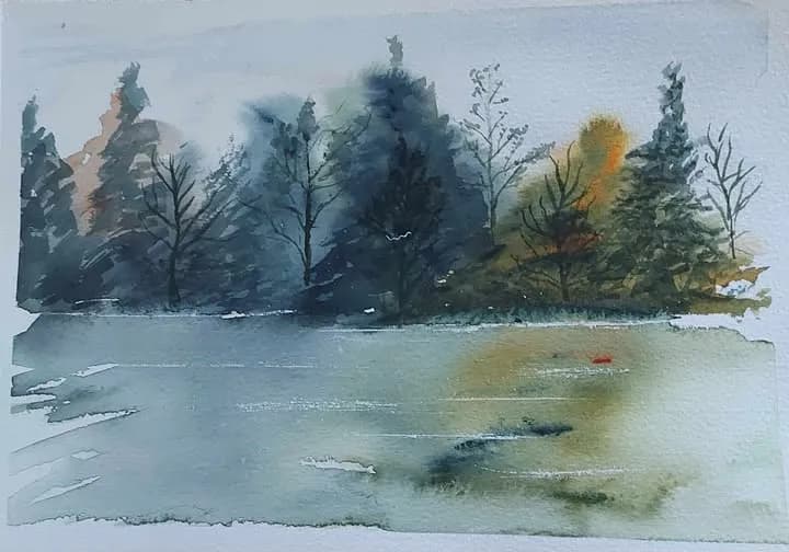 Whispers of Autumn: A Serene Watercolor Landscape with Reflections and Shadows