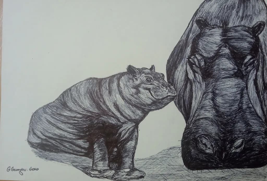 Gentle Giants: A Mother and Calf Hippo Embrace in Ink